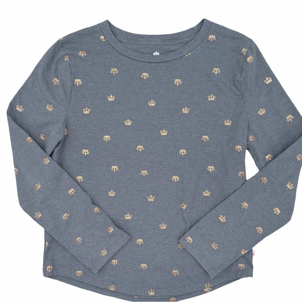 Juicy Couture Gray Metallic Crown Pattern Girls Long Sleeve Cotton Shirt Size XL